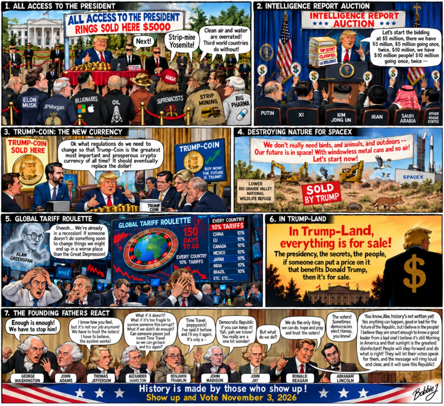 The Kissing Booth / Intelligence Auction — original political cartoon by BobbieJ