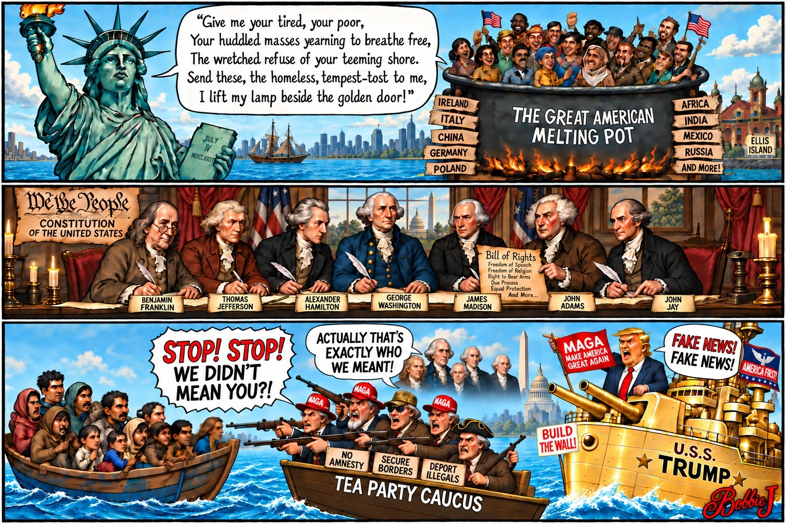 Founding Fathers vs. Tea Party — original political cartoon by BobbieJ